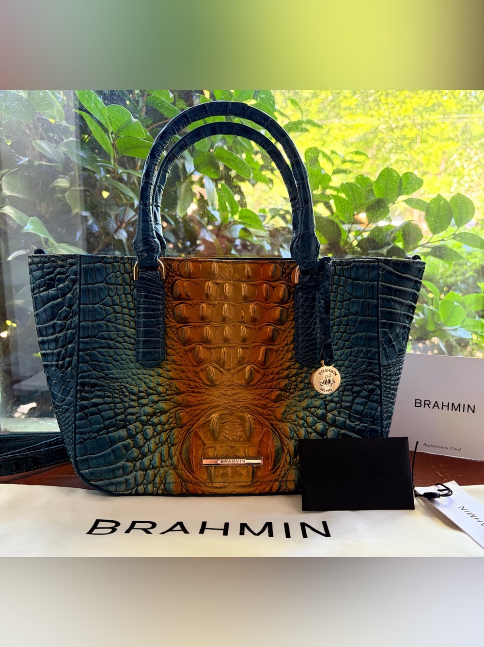 Brahmin“ Bermuda Ombré” Turquoise & Gold Ashlee Crocodile Embossed Shoulder Bag